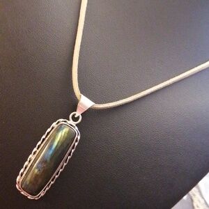 Labradorite Silver Plated Pendant On Tan Suede Cord Necklace 23" Long